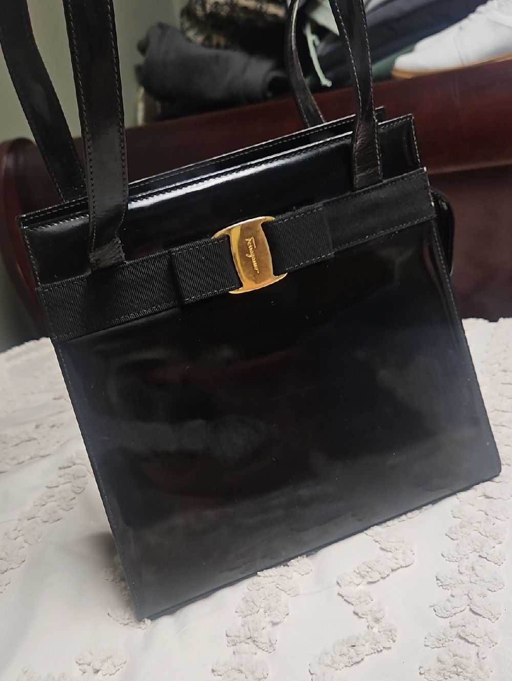 Salvatore Ferragamo Black Patent Leather Vara Bow Top-Handle Bag